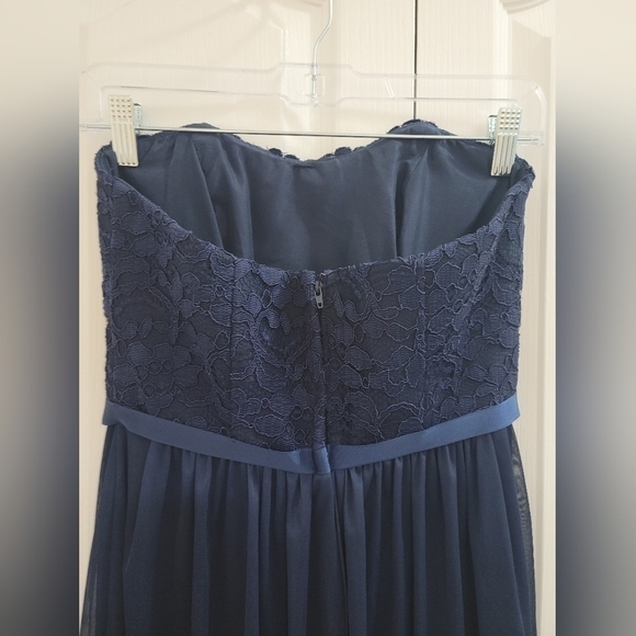David’s Bridal Navy Blue Short Scalloped Strapless Lace Mesh Dress - Picture 5 of 9